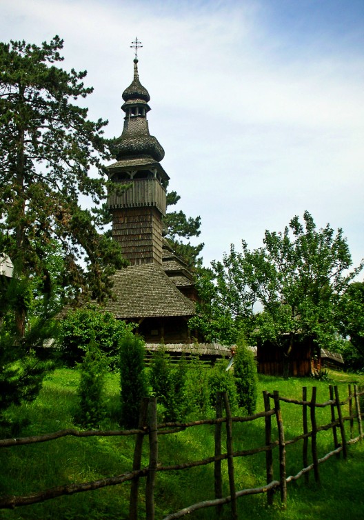 The old wooden church in medieval village